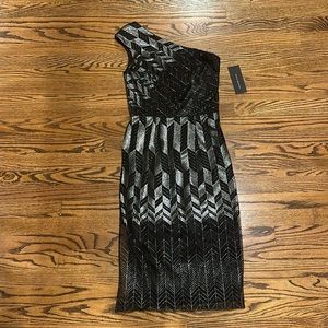 David Meister Black Silver Sparkle One Shoulder Midi Dress 2 NWT